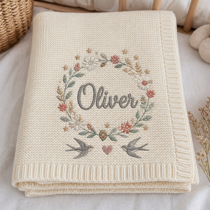 Personalized Swallow Birds Daisy Wreath Embroidered Baby Blanket