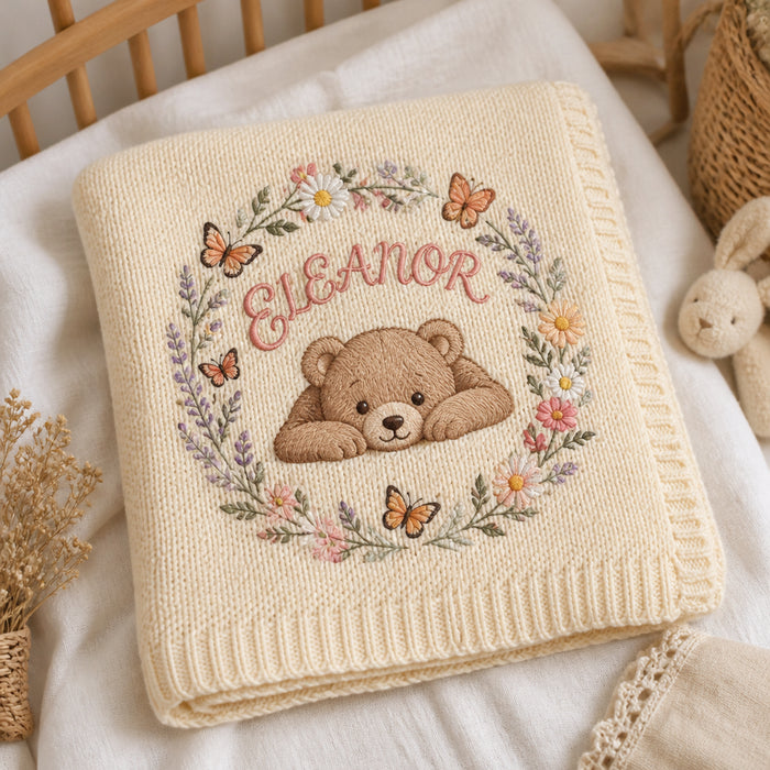 Personalized Bear Cub Floral Wreath Embroidered Baby Blanket