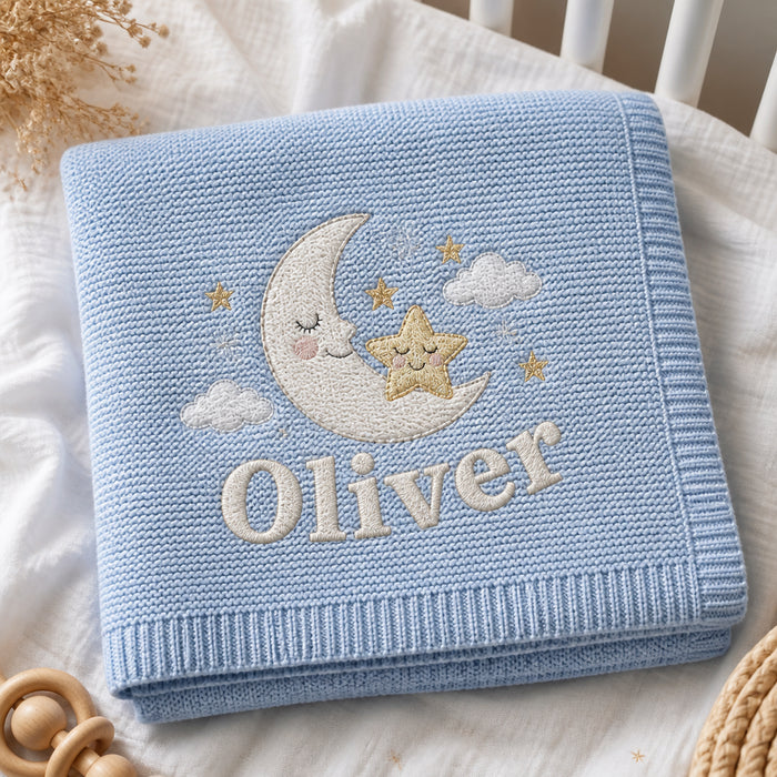 Personalized Sleepy Moon Gold Star Embroidered Baby Blanket