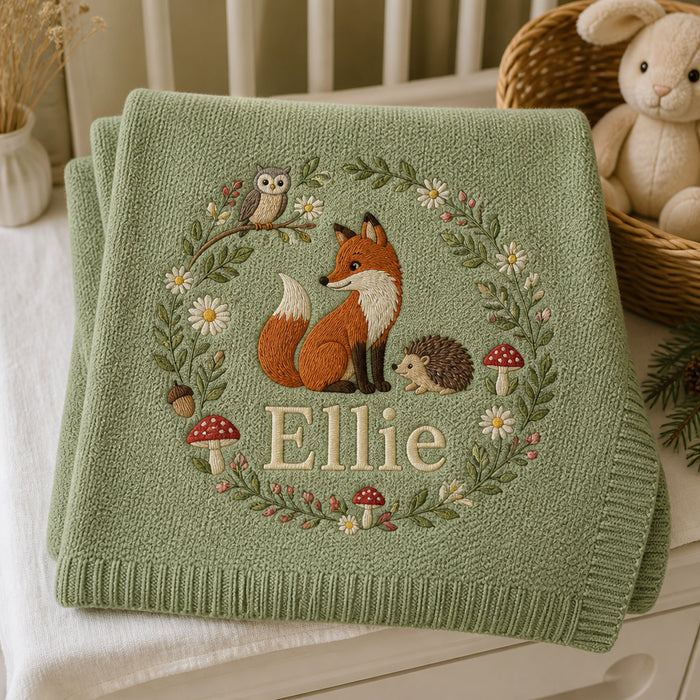 Personalized Woodland Fox Hedgehog Embroidered Baby Blanket