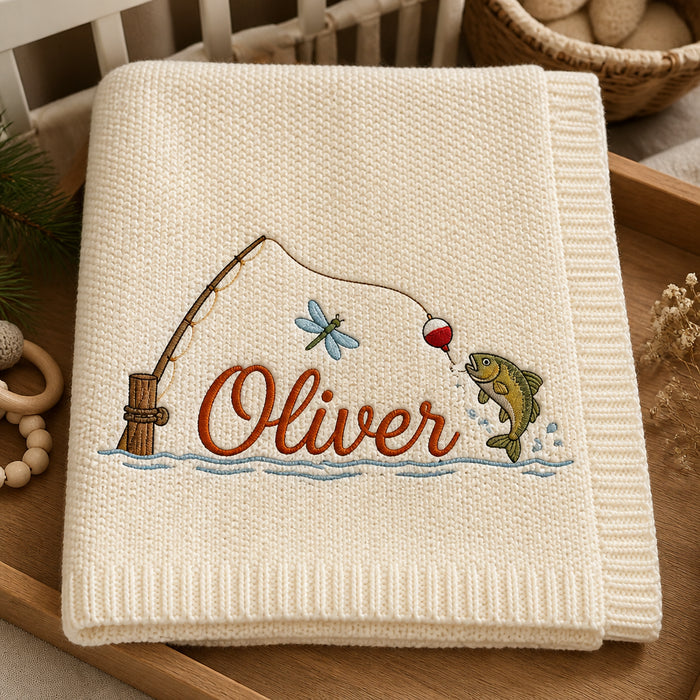 Personalized Fishing Scene Embroidered Baby Blanket