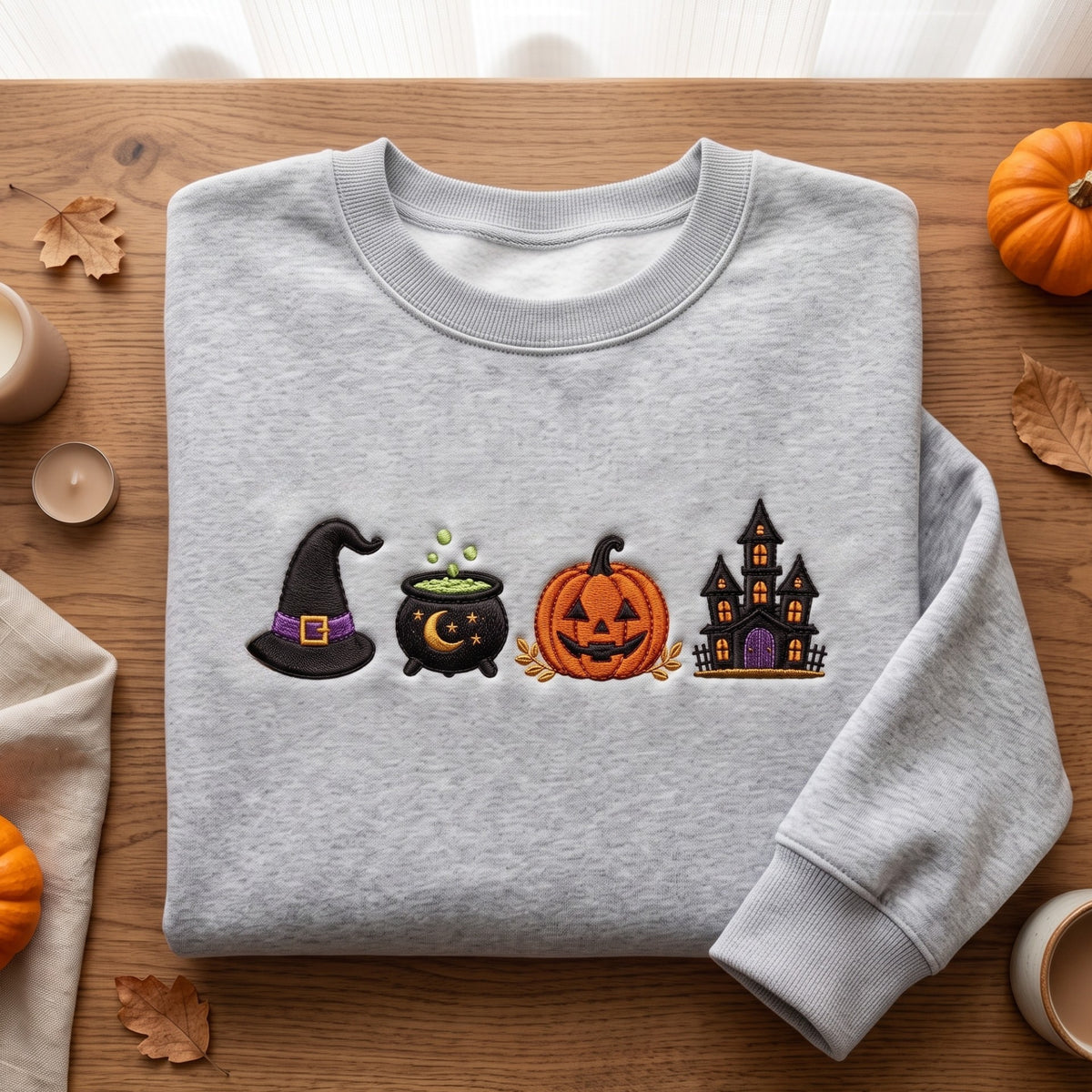 Witch Hat Cauldron Pumpkin Haunted House embroidered sweatshirt — front view