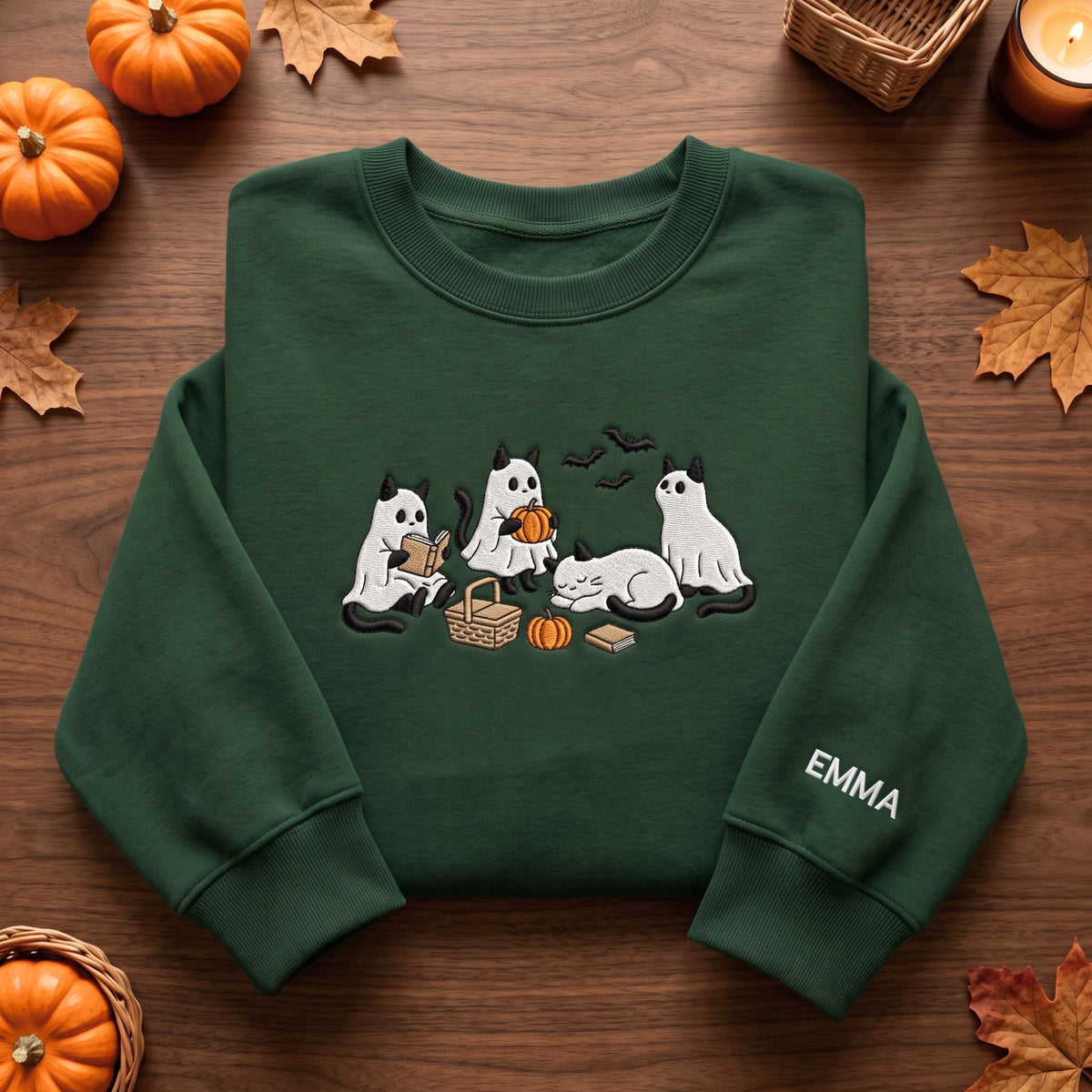 Ghost Cats Autumn Picnic Bats embroidered sweatshirt — front view