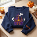 Purple Haunted Castle Floating Ghosts embroidered sweatshirt — front view