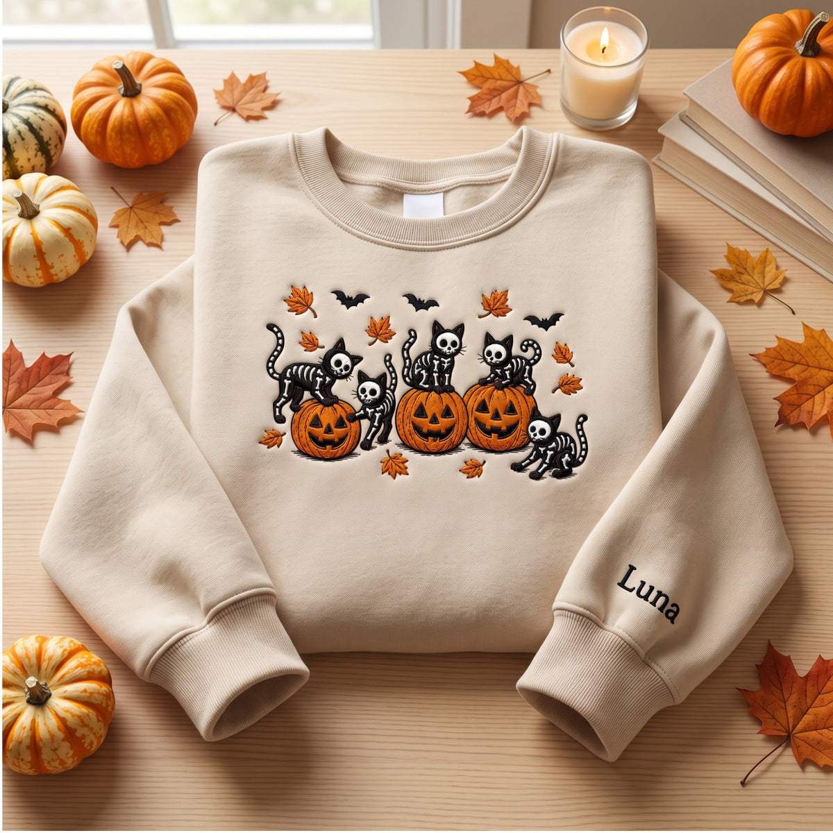 Skeleton Cats Jack O Lantern embroidered sweatshirt — front view