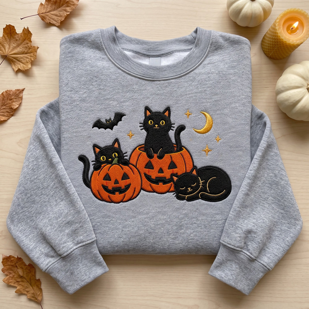 Black Cats Jack O Lantern Crescent Moon embroidered sweatshirt in Black — front view
