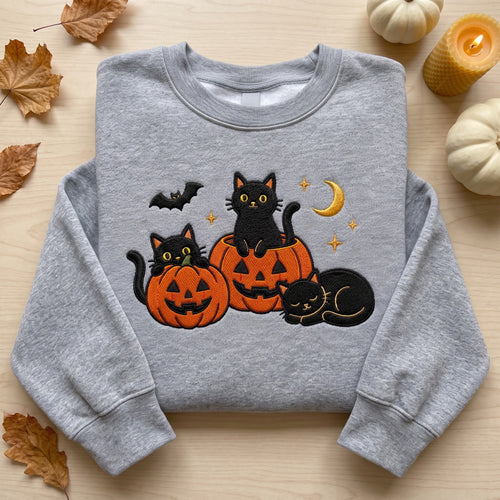 Black Cats Jack O Lantern Crescent Moon embroidered sweatshirt in Black — front view