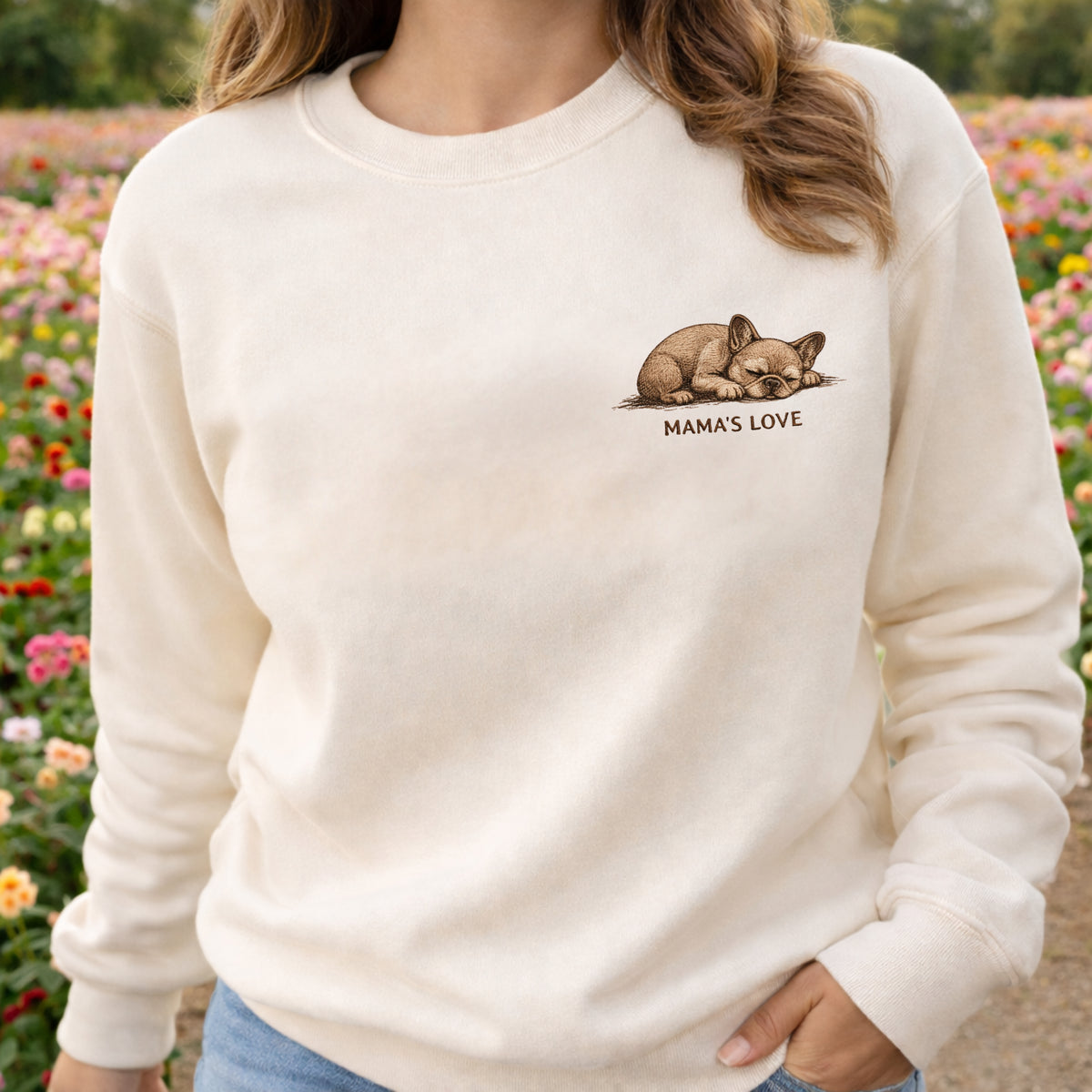 Mama's Love Sleeping Frenchie Sketch embroidered sweatshirt — front view