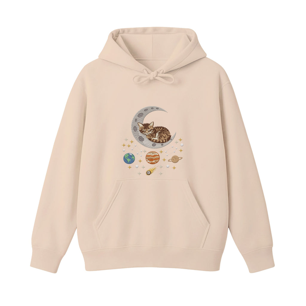 Sleepy Kitten Crescent Moon Galaxy embroidered hoodie in Beige — chest embroidery