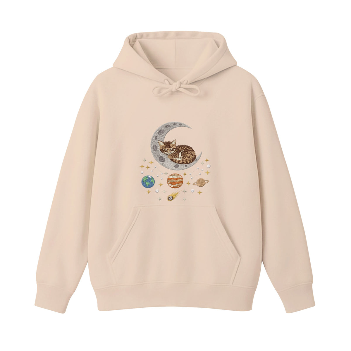 Sleepy Kitten Crescent Moon Galaxy embroidered hoodie in Beige — chest embroidery