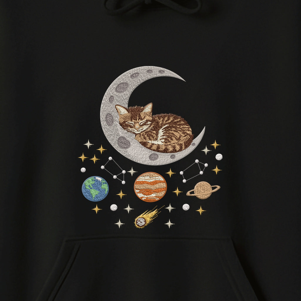Sleepy Kitten Crescent Moon Galaxy embroidered hoodie — chest embroidery