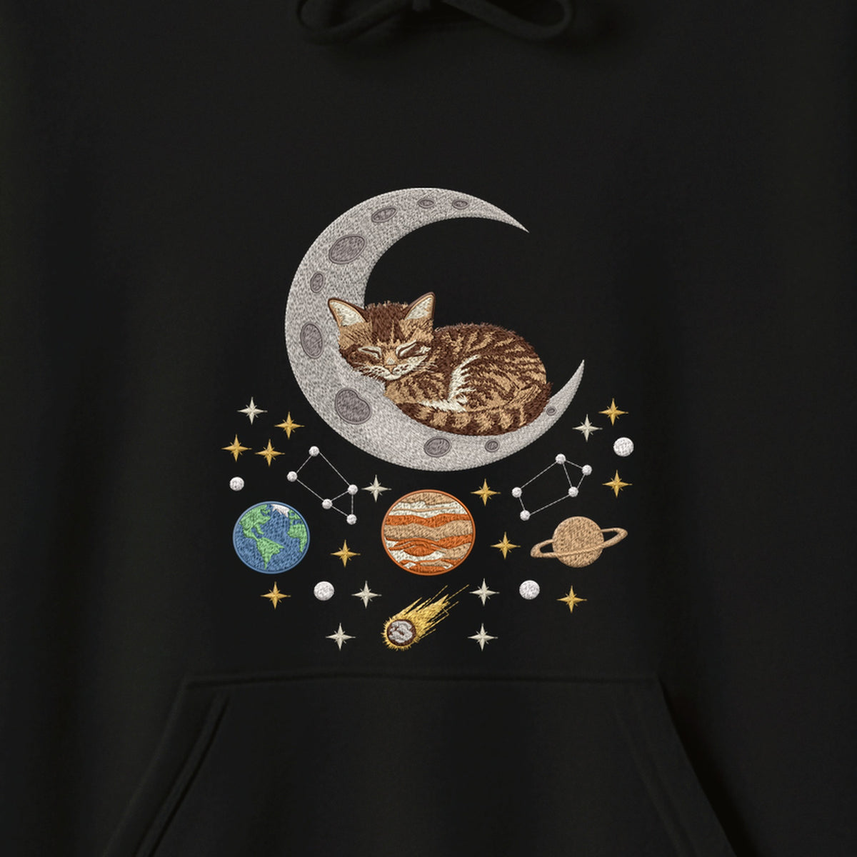 Sleepy Kitten Crescent Moon Galaxy embroidered hoodie — chest embroidery