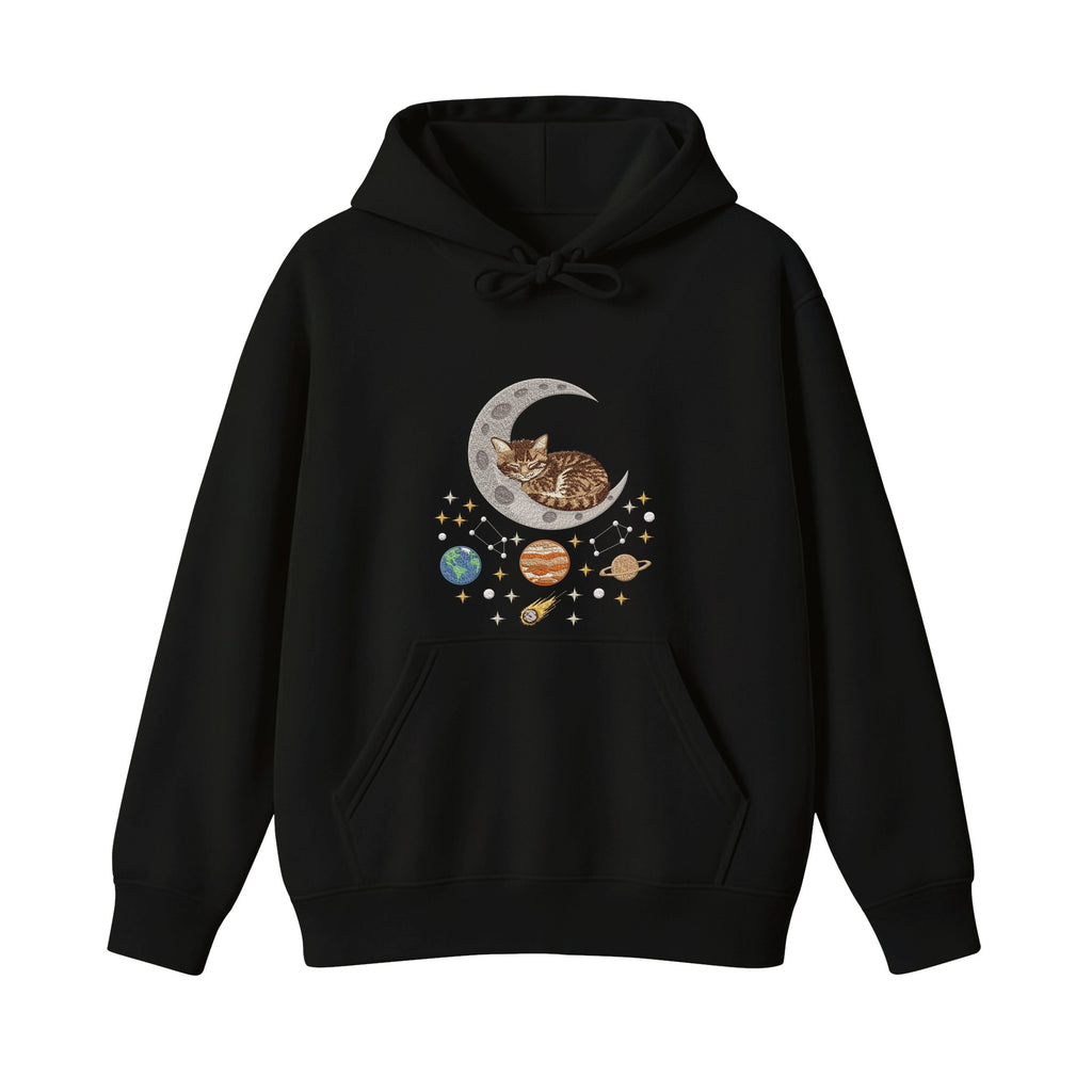 Sleepy Kitten Crescent Moon Galaxy embroidered hoodie in Black — front view