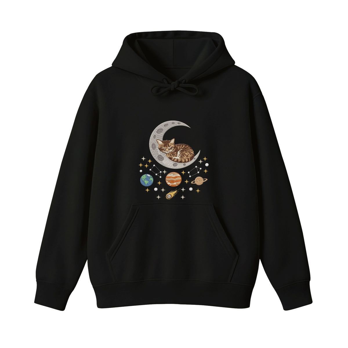 Sleepy Kitten Crescent Moon Galaxy embroidered hoodie in Black — front view