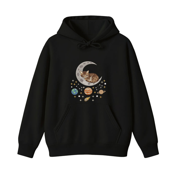 Sleepy Kitten Crescent Moon Galaxy Embroidered Hoodie