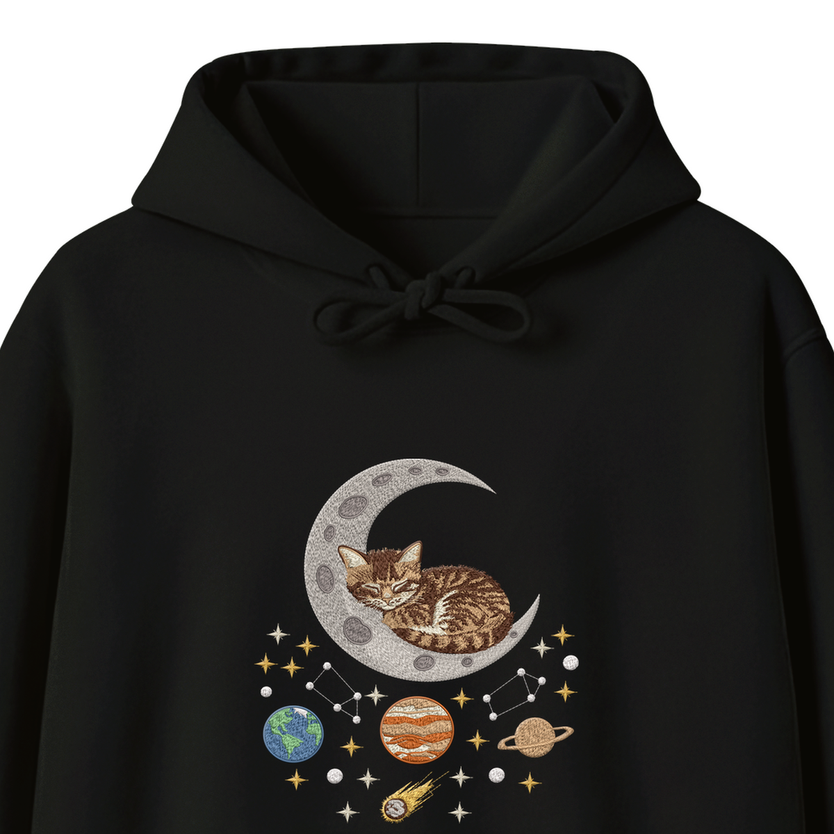 Sleepy Kitten Crescent Moon Galaxy embroidered hoodie — chest embroidery