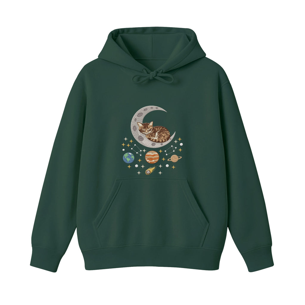 Sleepy Kitten Crescent Moon Galaxy embroidered hoodie in Forest Green — chest embroidery
