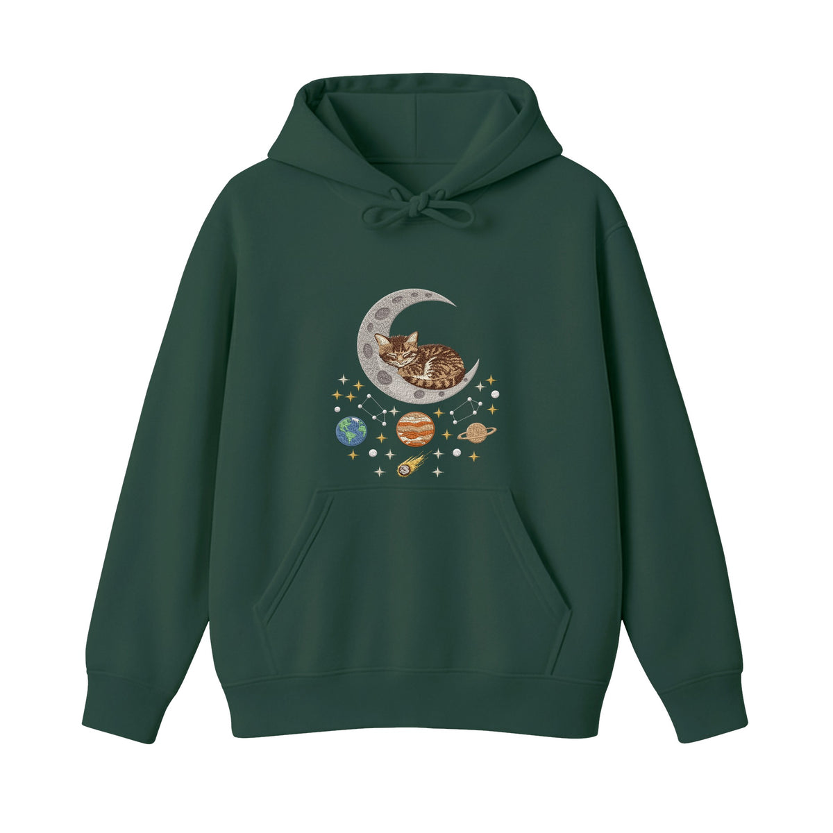 Sleepy Kitten Crescent Moon Galaxy embroidered hoodie in Forest Green — chest embroidery