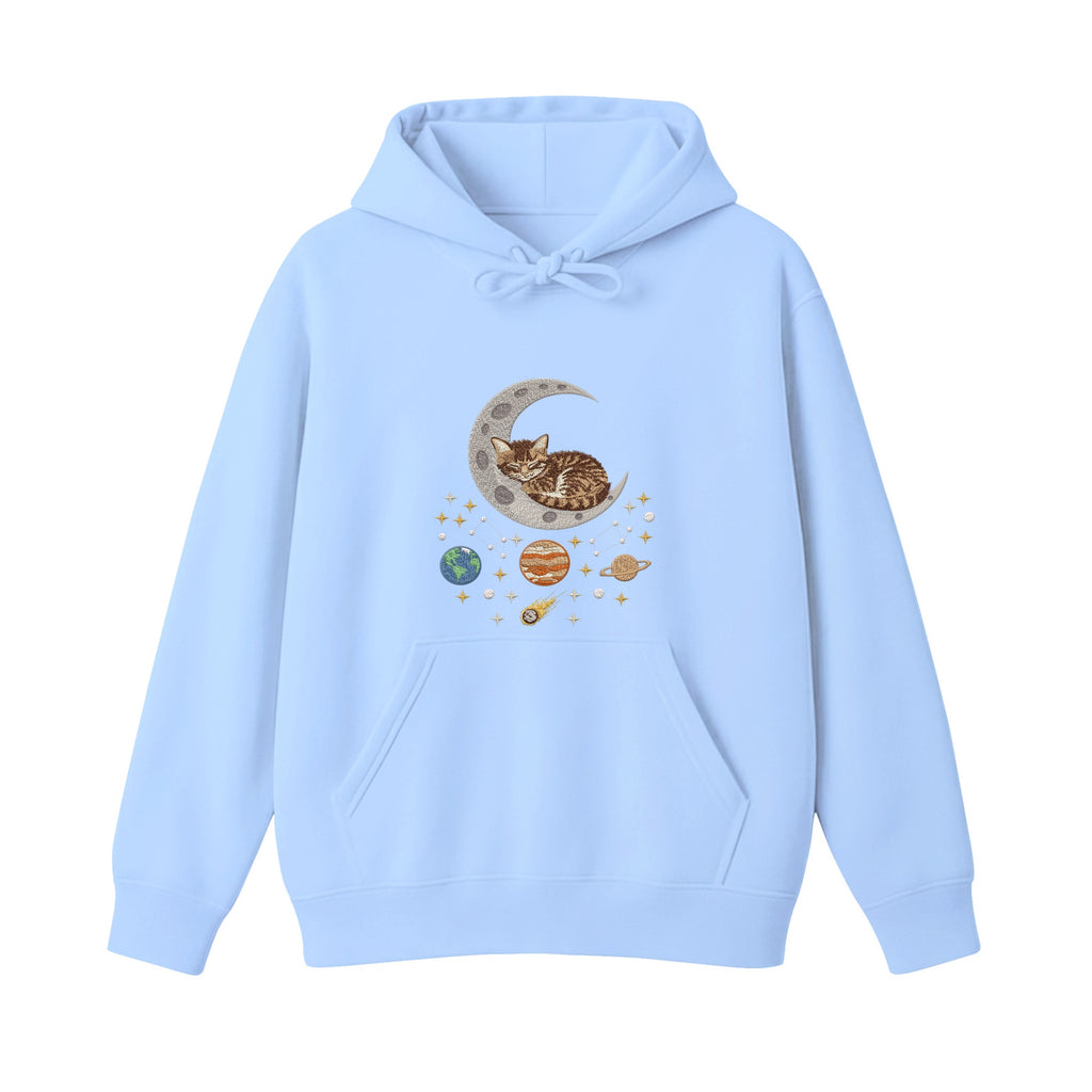 Sleepy Kitten Crescent Moon Galaxy embroidered hoodie in Light Blue — chest embroidery