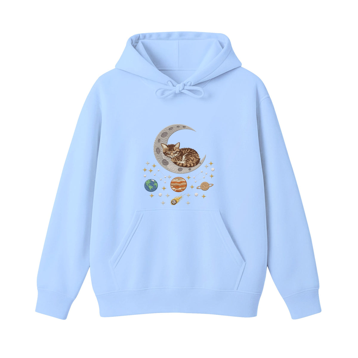 Sleepy Kitten Crescent Moon Galaxy embroidered hoodie in Light Blue — chest embroidery