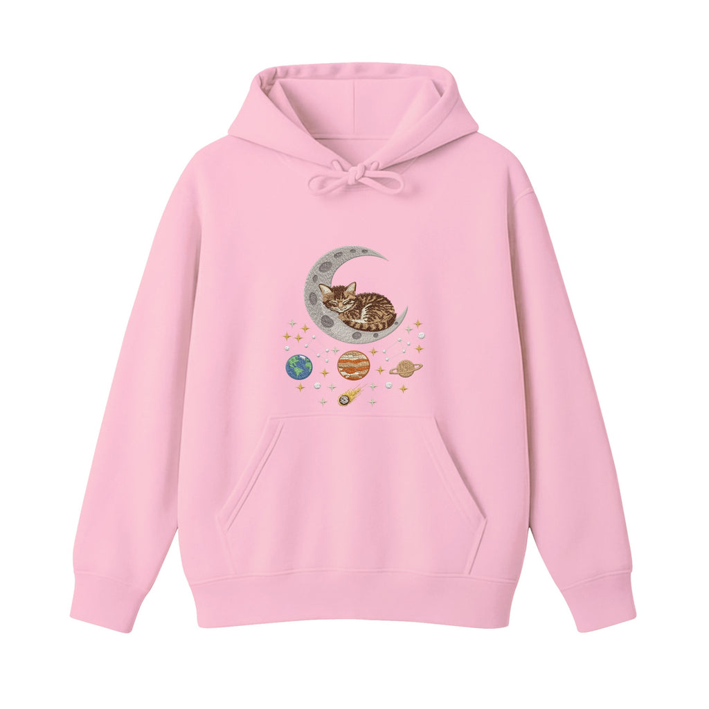 Sleepy Kitten Crescent Moon Galaxy embroidered hoodie in Light Pink — chest embroidery