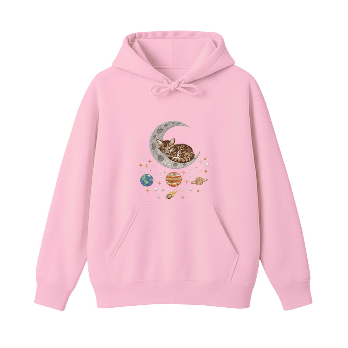 Sleepy Kitten Crescent Moon Galaxy embroidered hoodie in Light Pink — chest embroidery