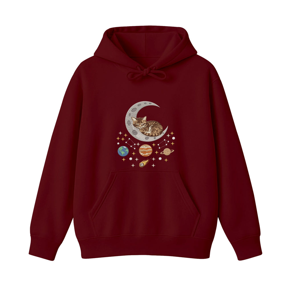 Sleepy Kitten Crescent Moon Galaxy embroidered hoodie in Marron — chest embroidery
