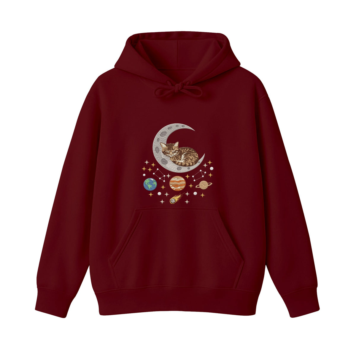 Sleepy Kitten Crescent Moon Galaxy embroidered hoodie in Marron — chest embroidery