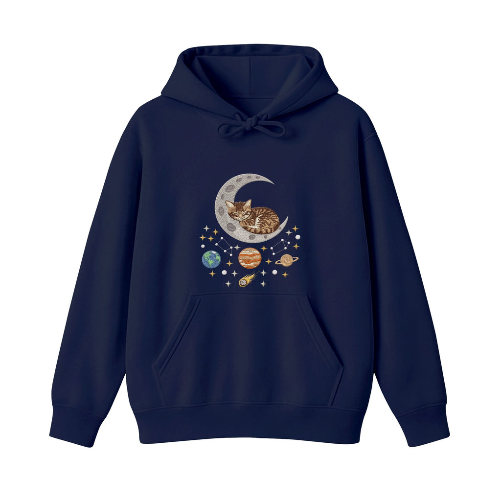 Sleepy Kitten Crescent Moon Galaxy embroidered hoodie in Navy — chest embroidery