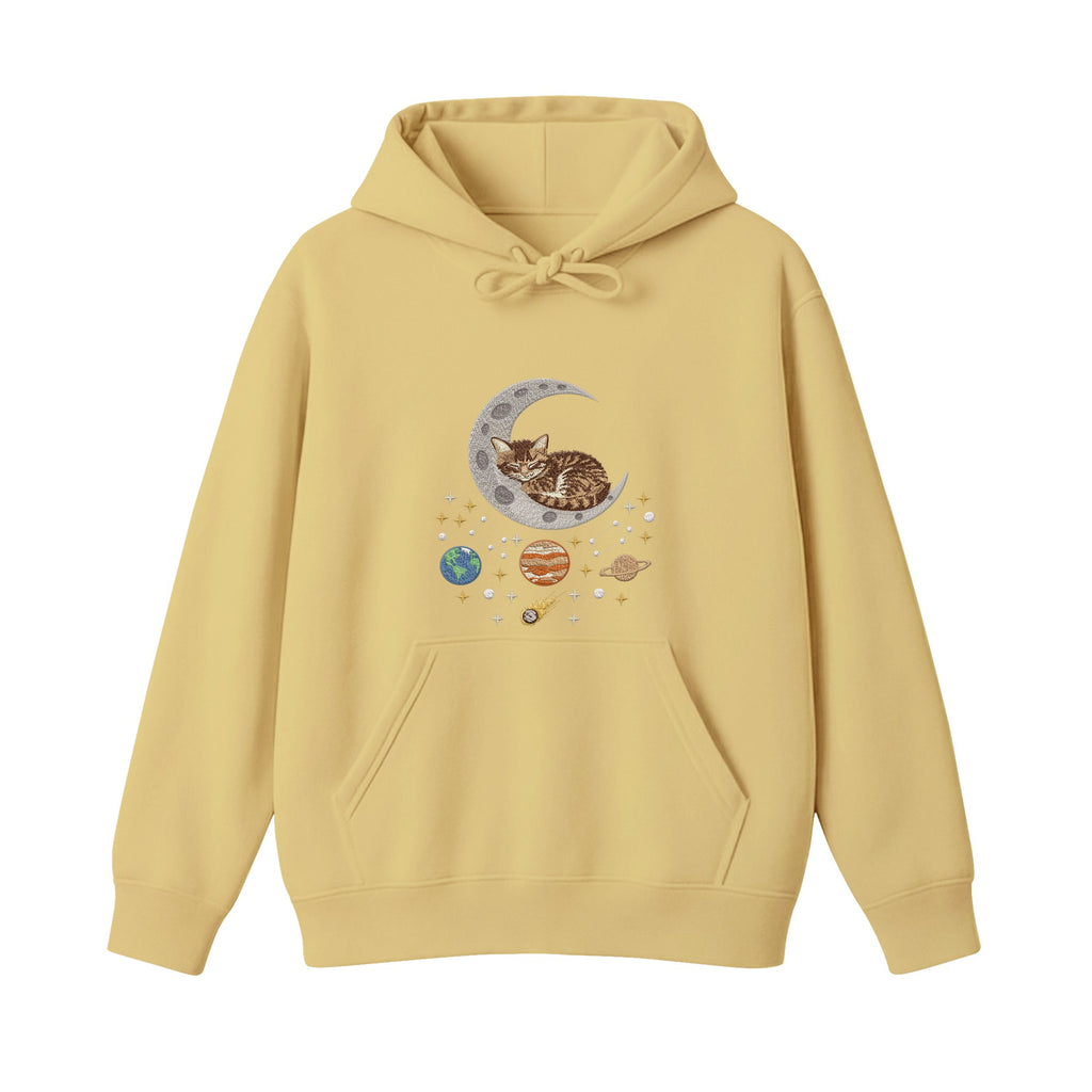 Sleepy Kitten Crescent Moon Galaxy embroidered hoodie in Sand — chest embroidery