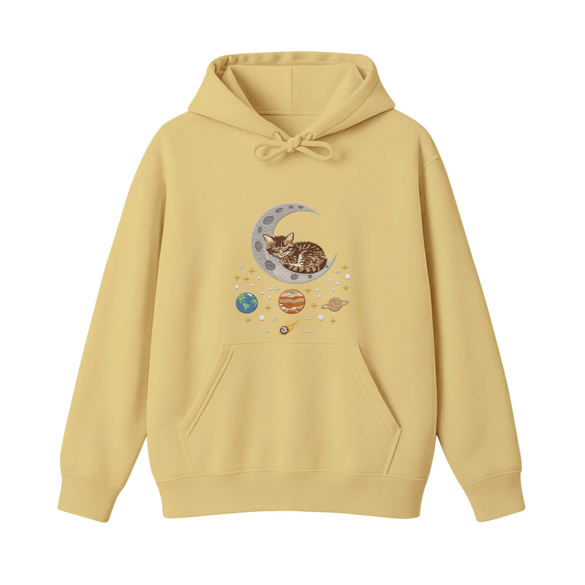 Sleepy Kitten Crescent Moon Galaxy embroidered hoodie in Sand — chest embroidery