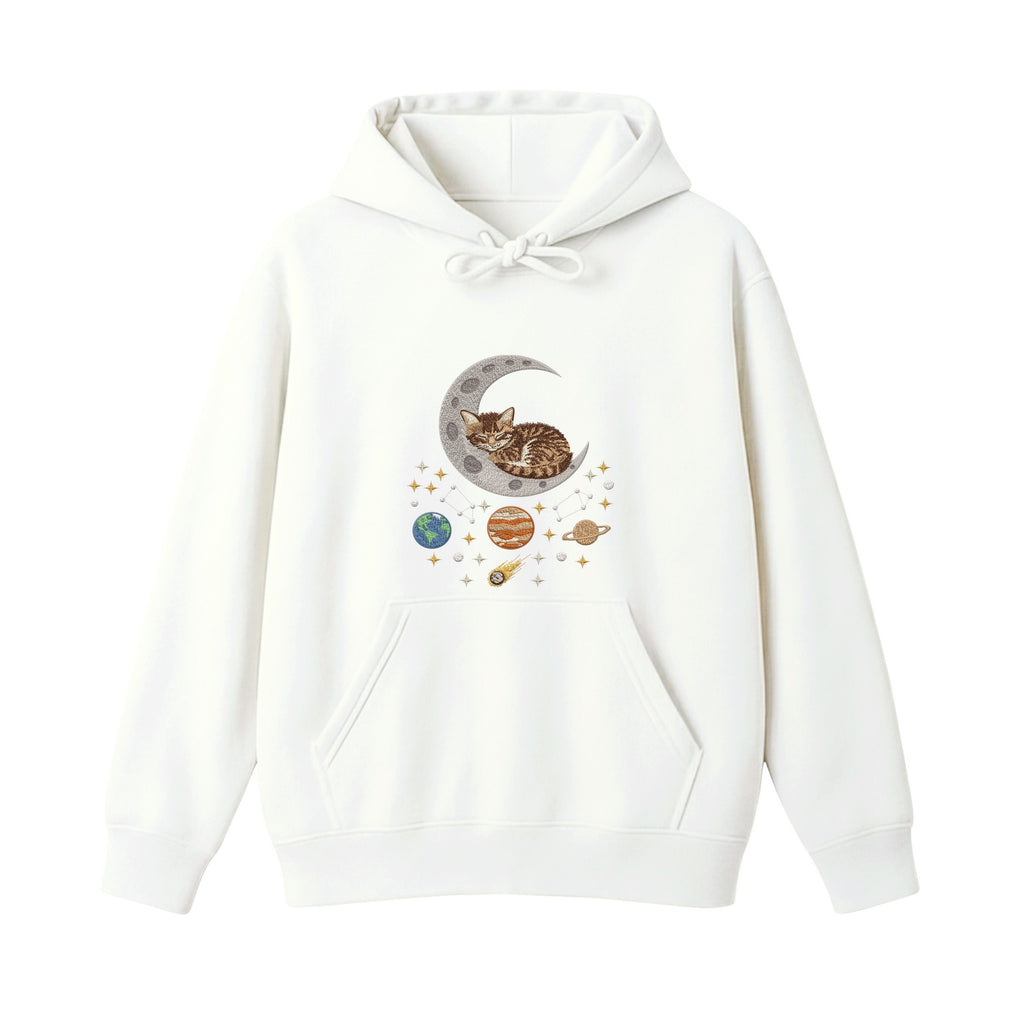 Sleepy Kitten Crescent Moon Galaxy embroidered hoodie in White — chest embroidery