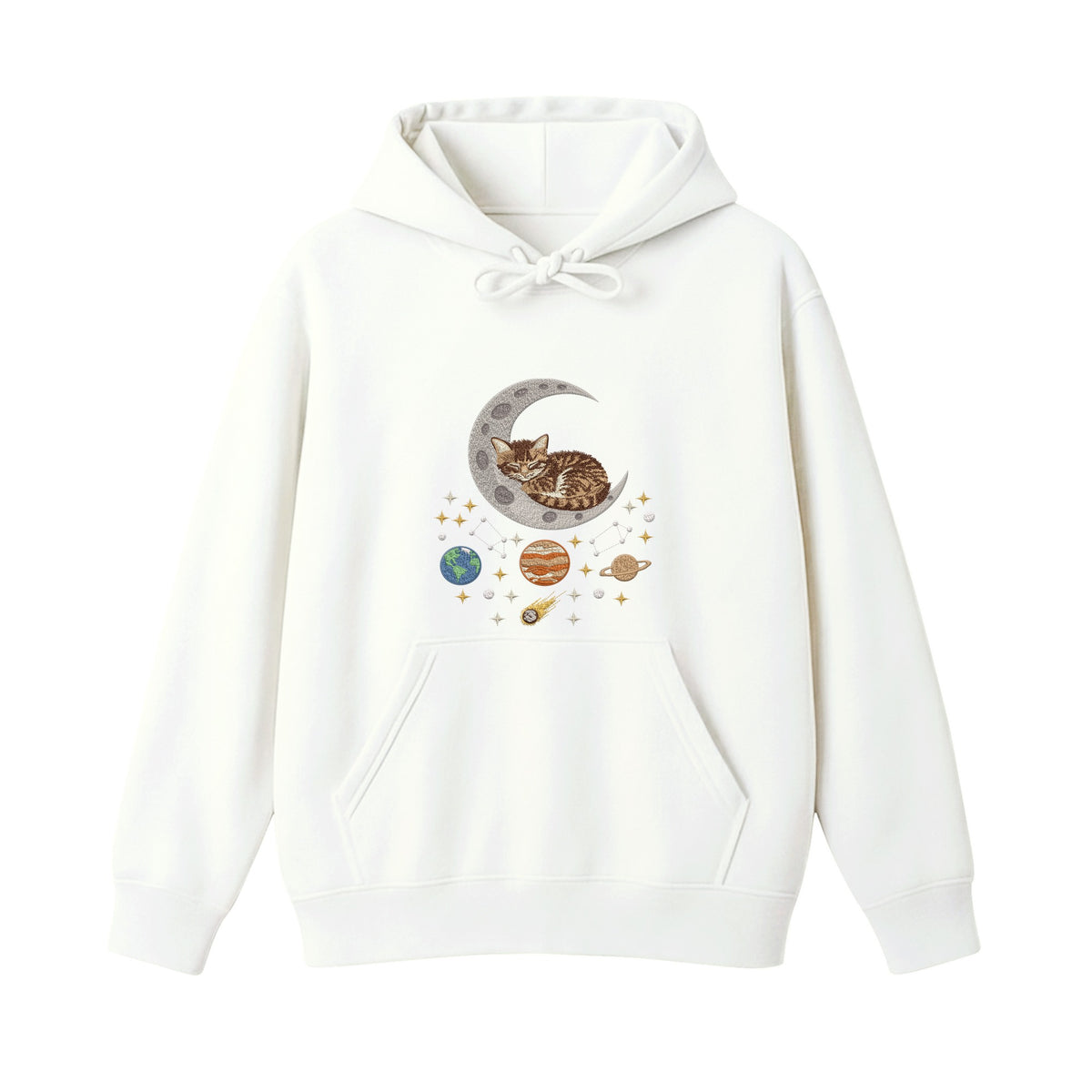 Sleepy Kitten Crescent Moon Galaxy embroidered hoodie in White — chest embroidery