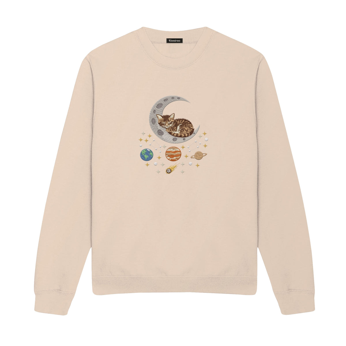 Sleepy Kitten Crescent Moon Galaxy embroidered sweatshirt in Beige — chest embroidery