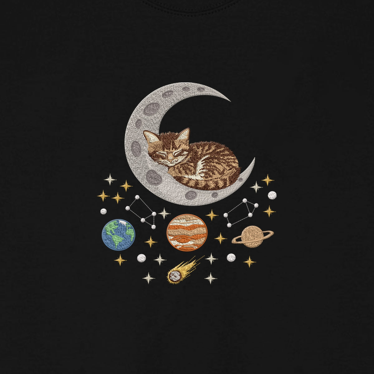 Sleepy Kitten Crescent Moon Galaxy embroidered sweatshirt — chest embroidery