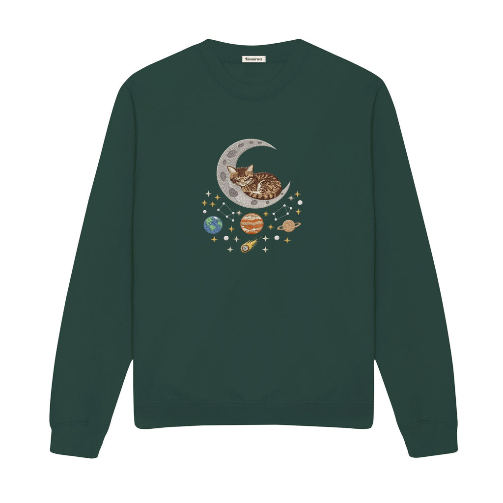 Sleepy Kitten Crescent Moon Galaxy embroidered sweatshirt in Forest Green — chest embroidery