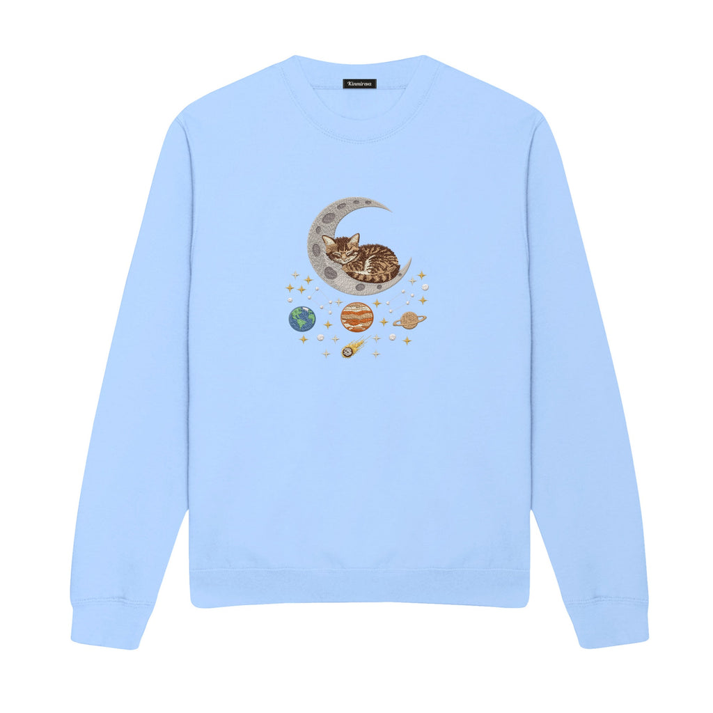 Sleepy Kitten Crescent Moon Galaxy embroidered sweatshirt in Light Blue — chest embroidery