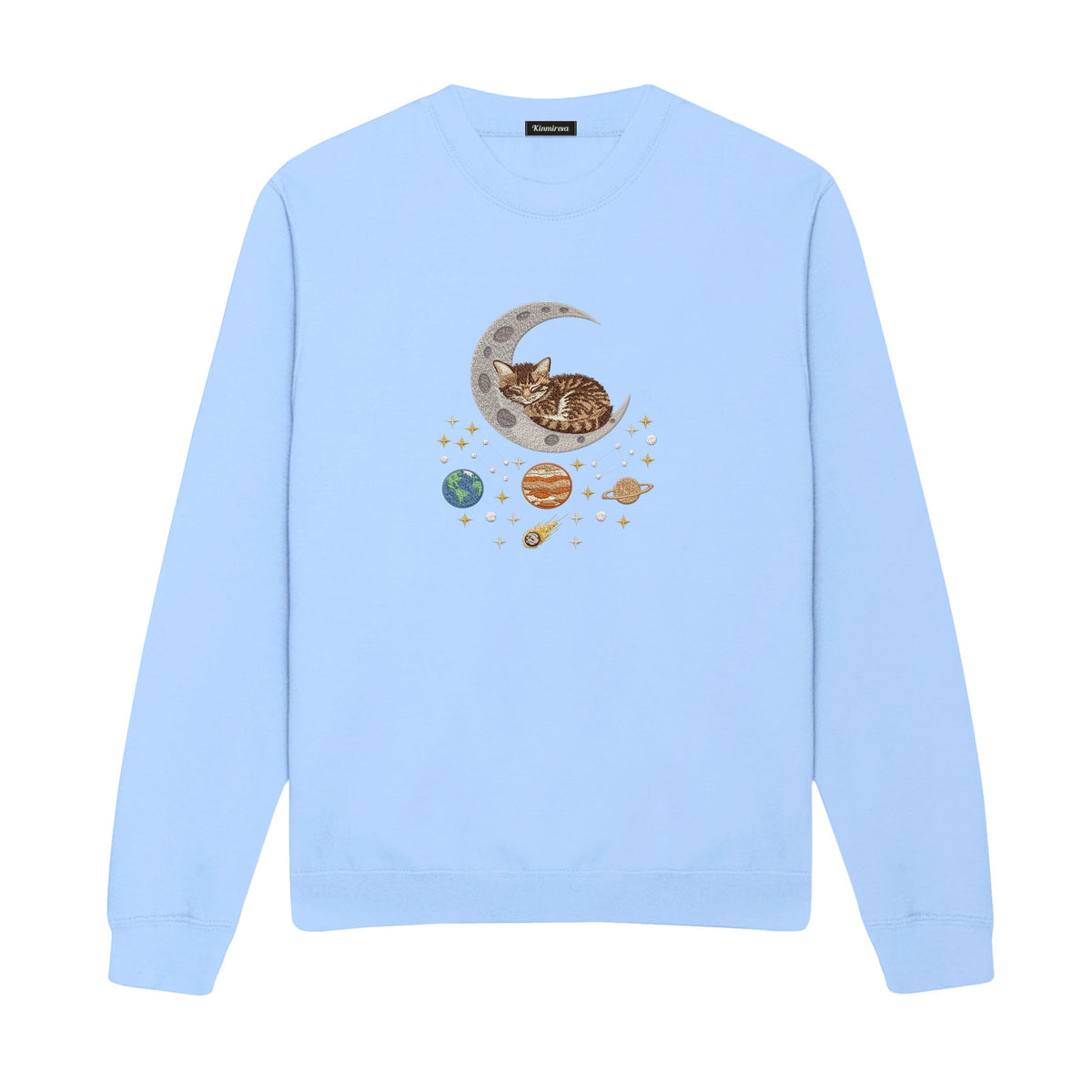Sleepy Kitten Crescent Moon Galaxy embroidered sweatshirt in Light Blue — chest embroidery
