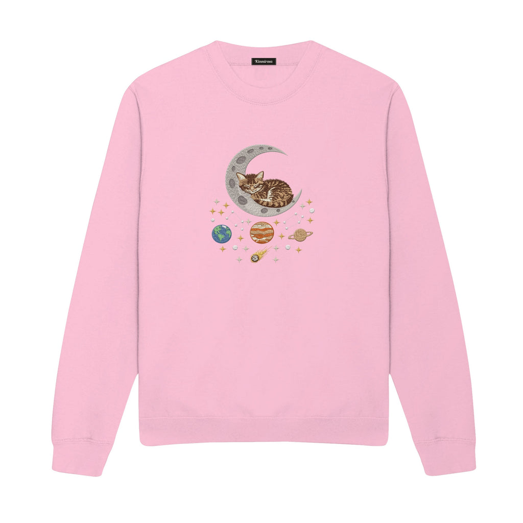 Sleepy Kitten Crescent Moon Galaxy embroidered sweatshirt in Light Pink — chest embroidery