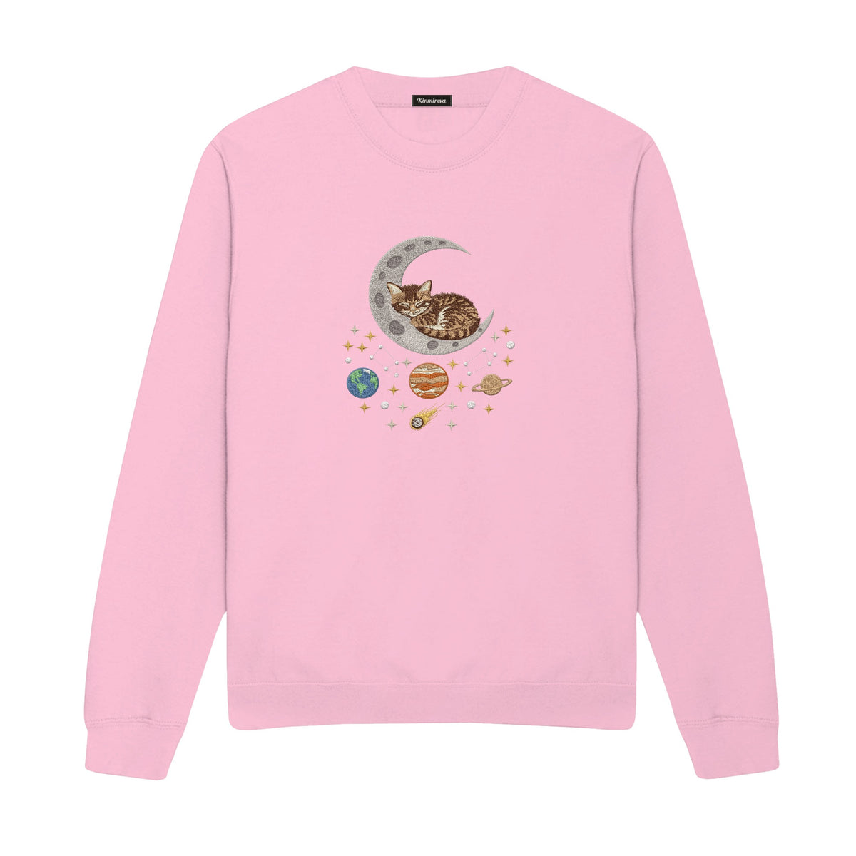 Sleepy Kitten Crescent Moon Galaxy embroidered sweatshirt in Light Pink — chest embroidery