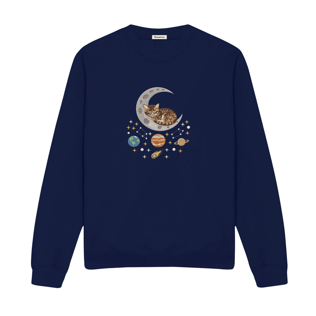 Sleepy Kitten Crescent Moon Galaxy embroidered sweatshirt in Navy — chest embroidery