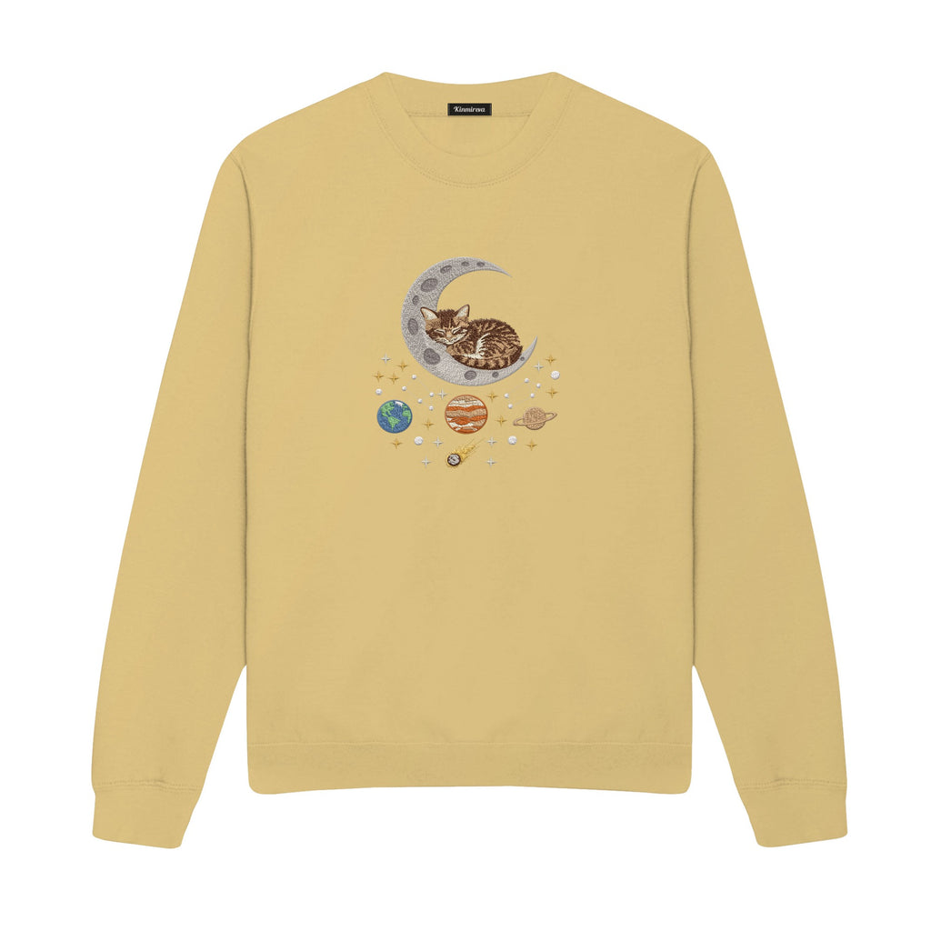 Sleepy Kitten Crescent Moon Galaxy embroidered sweatshirt in Sand — chest embroidery
