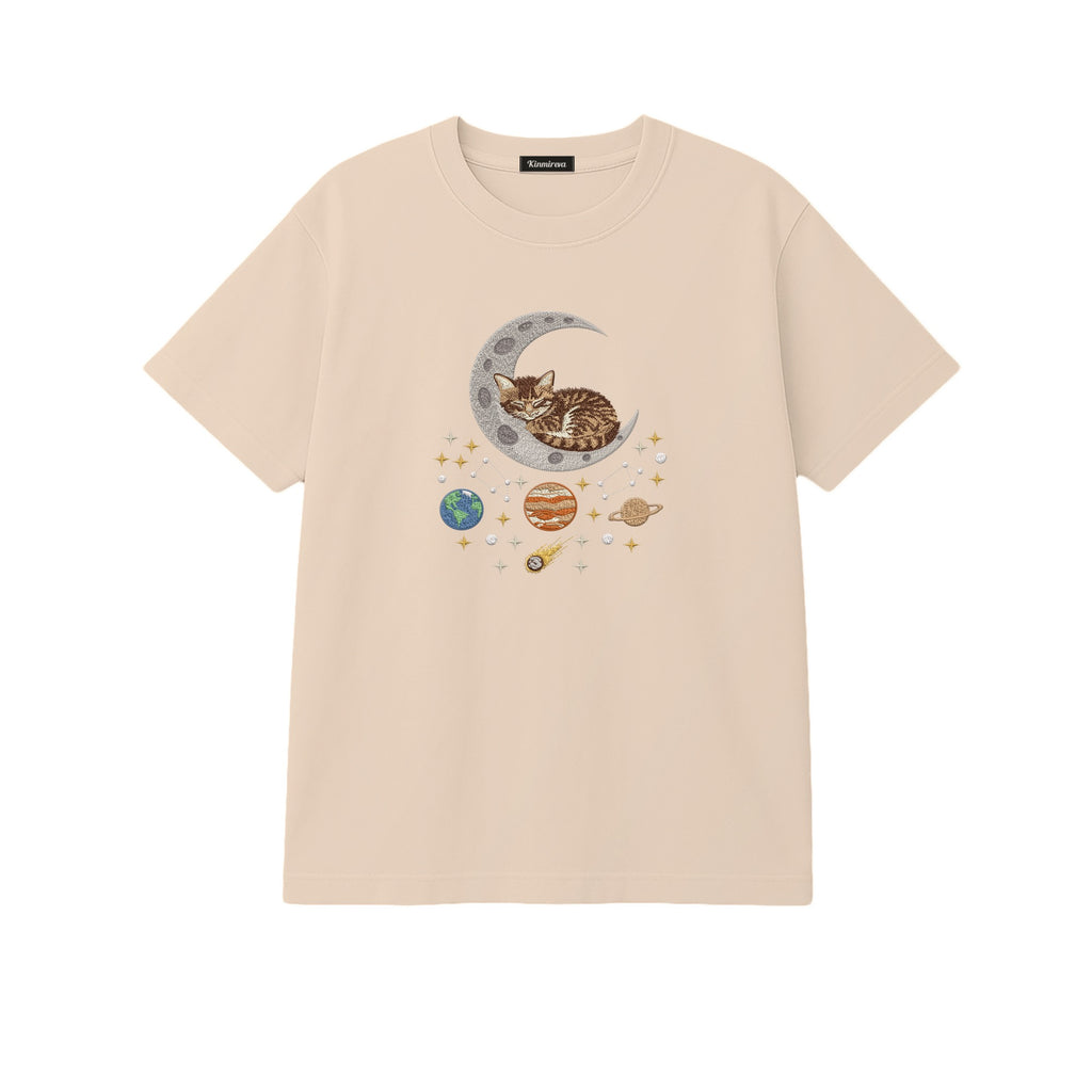Sleepy Kitten Crescent Moon Galaxy embroidered t-shirt in Beige — chest embroidery