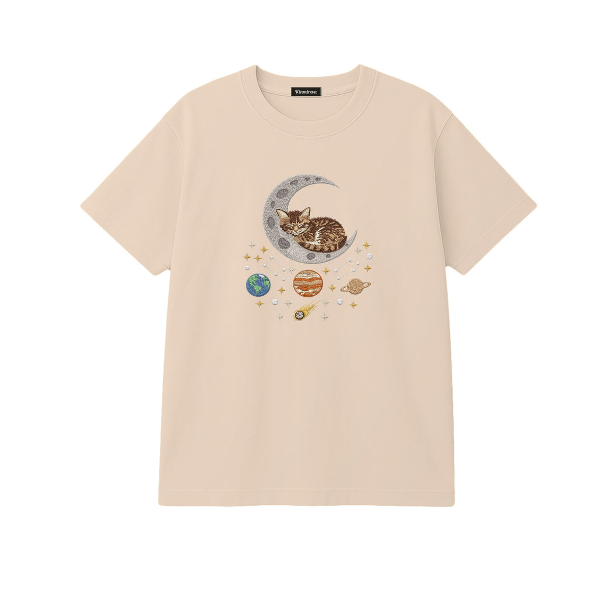 Sleepy Kitten Crescent Moon Galaxy embroidered t-shirt in Beige — chest embroidery