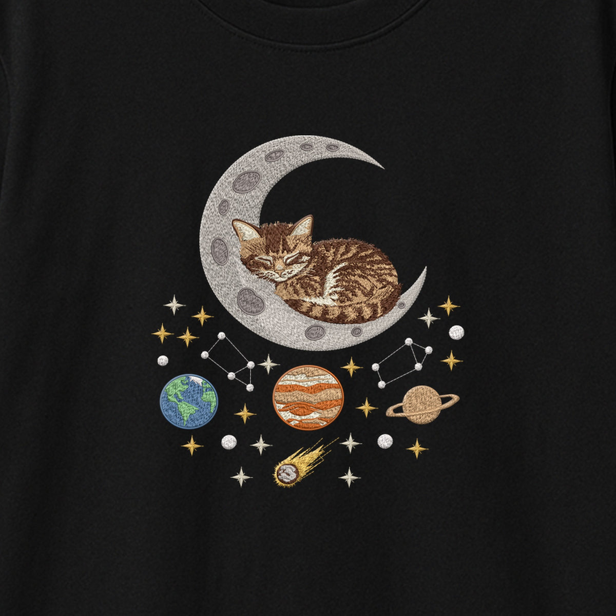 Sleepy Kitten Crescent Moon Galaxy embroidered t-shirt — chest embroidery