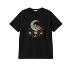 Sleepy Kitten Crescent Moon Galaxy embroidered t-shirt in Black — front view
