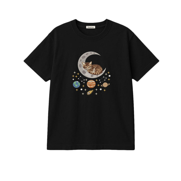 Sleepy Kitten Crescent Moon Galaxy Embroidered T-Shirt