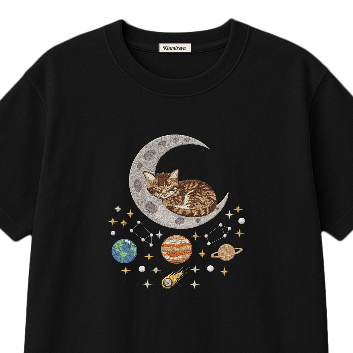 Sleepy Kitten Crescent Moon Galaxy embroidered t-shirt — chest embroidery