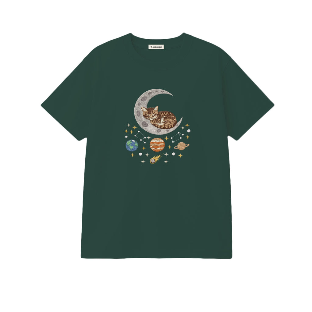 Sleepy Kitten Crescent Moon Galaxy embroidered t-shirt in Forest Green — chest embroidery