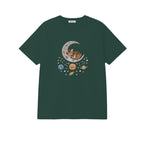 Sleepy Kitten Crescent Moon Galaxy embroidered t-shirt in Forest Green — chest embroidery